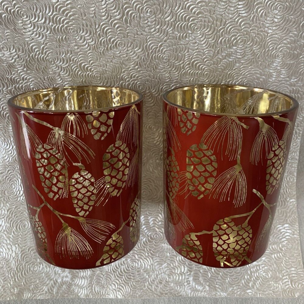 Glass Candle Holder Votive Tealight Christmas Holiday Pine Gold Red Sparkle Set